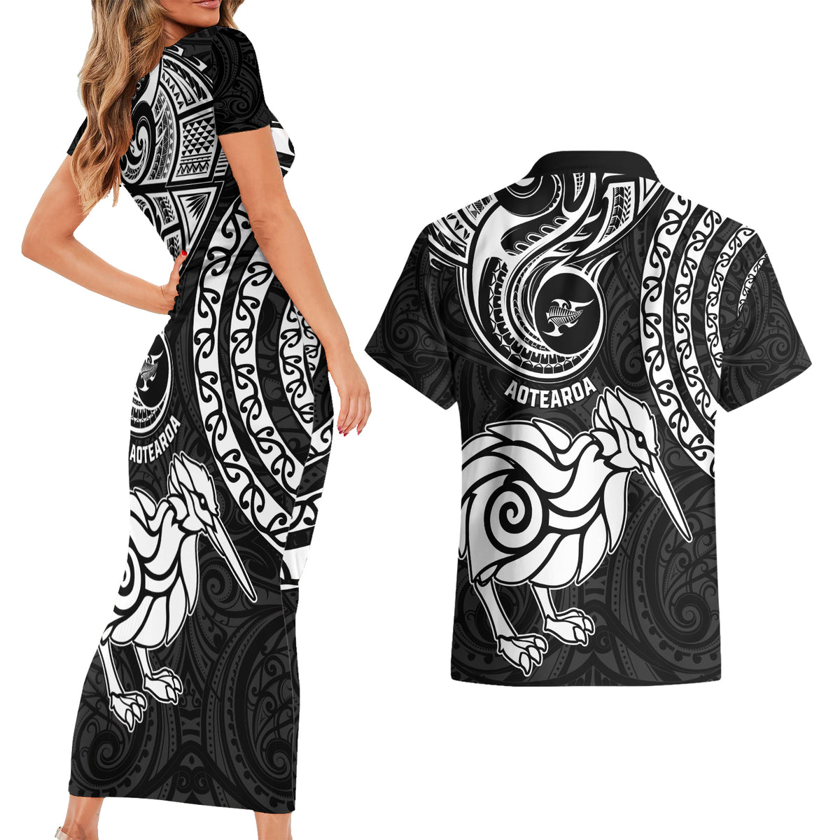 New Zealand Couples Matching Short Sleeve Bodycon Dress and Hawaiian Shirt Stylized Kiwi Bird Tattoo Mix Koru Circle and Maori Ethnic Vibe LT03 - Polynesian Pride