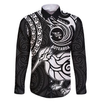 New Zealand Family Matching Puletasi Dress and Hawaiian Shirt Stylized Kiwi Bird Tattoo Mix Koru Circle and Maori Ethnic Vibe LT03 Dad's Shirt - Long Sleeve Black - Polynesian Pride