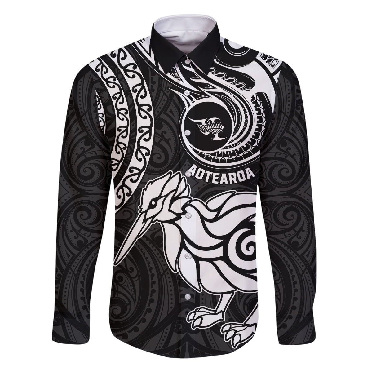 New Zealand Family Matching Summer Maxi Dress and Hawaiian Shirt Stylized Kiwi Bird Tattoo Mix Koru Circle and Maori Ethnic Vibe LT03 Dad's Shirt - Long Sleeve Black - Polynesian Pride