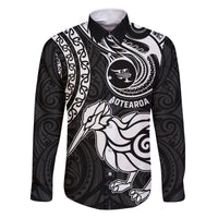 Personalised New Zealand Family Matching Off Shoulder Short Dress and Hawaiian Shirt Stylized Kiwi Bird Tattoo Mix Koru Circle and Maori Ethnic Vibe LT03 Dad's Shirt - Long Sleeve Black - Polynesian Pride