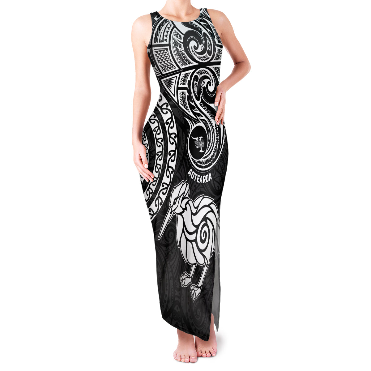 Personalised New Zealand Family Matching Tank Maxi Dress and Hawaiian Shirt Stylized Kiwi Bird Tattoo Mix Koru Circle and Maori Ethnic Vibe LT03 Mom's Dress Black - Polynesian Pride