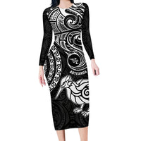 Personalised New Zealand Long Sleeve Bodycon Dress Stylized Kiwi Bird Tattoo Mix Koru Circle and Maori Ethnic Vibe LT03 Long Dress Black - Polynesian Pride