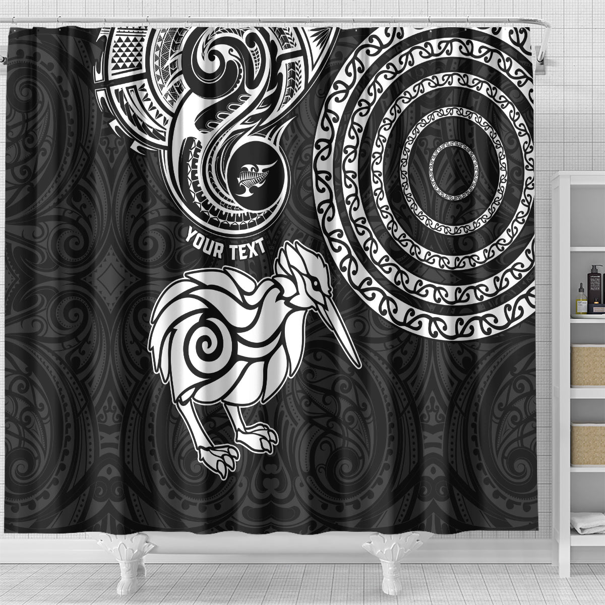 Personalised New Zealand Shower Curtain Stylized Kiwi Bird Tattoo Mix Koru Circle and Maori Ethnic Vibe LT03 - Polynesian Pride