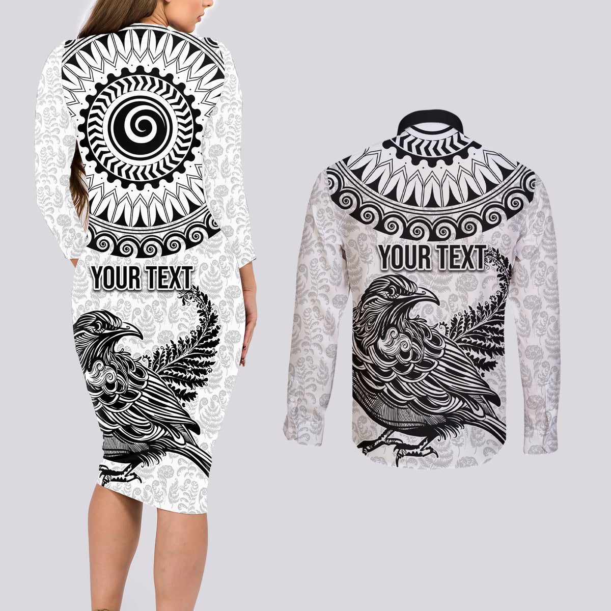 Custom New Zealand Couples Matching Long Sleeve Bodycon Dress and Long Sleeve Button Shirt Tui Bird and Koru Circle Mix Silver Fern Pattern LT03 - Polynesian Pride