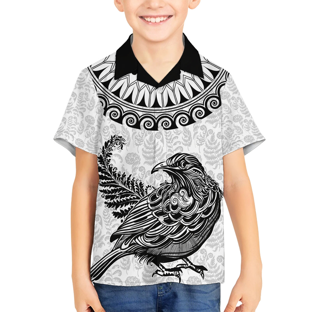 Custom New Zealand Family Matching Summer Maxi Dress and Hawaiian Shirt Tui Bird and Koru Circle Mix Silver Fern Pattern LT03 Son's Shirt White - Polynesian Pride