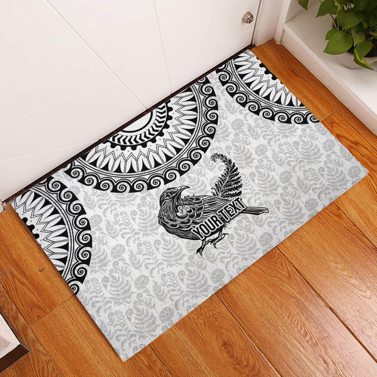 Custom New Zealand Rubber Doormat Tui Bird and Koru Circle Mix Silver Fern Pattern LT03 White - Polynesian Pride