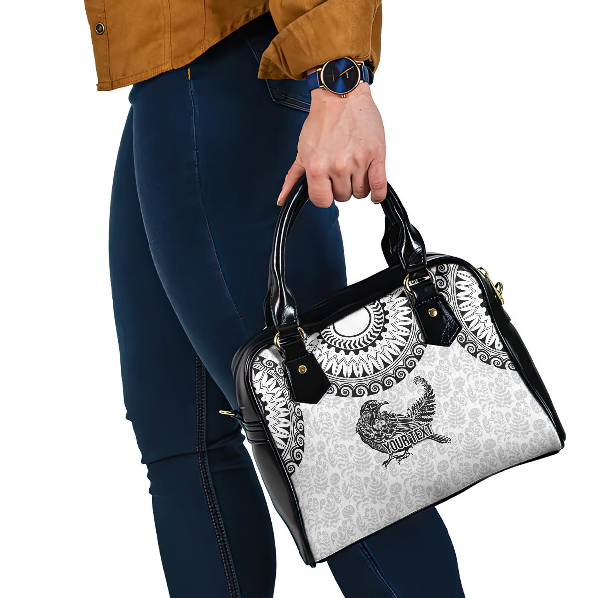 Custom New Zealand Shoulder Handbag Tui Bird and Koru Circle Mix Silver Fern Pattern LT03 - Polynesian Pride