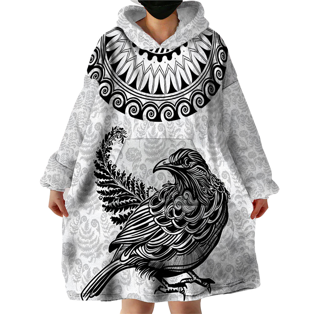 Custom New Zealand Wearable Blanket Hoodie Tui Bird and Koru Circle Mix Silver Fern Pattern LT03 - Polynesian Pride