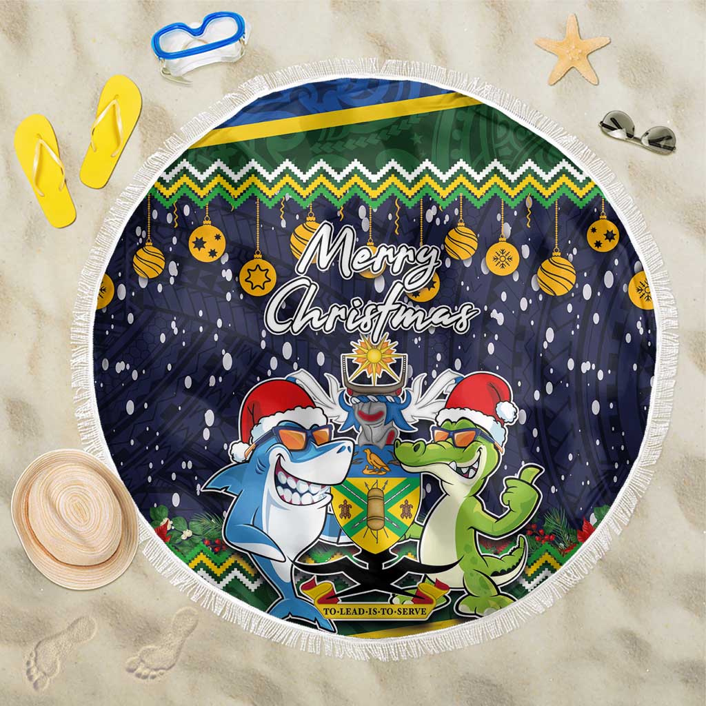 Funny Crocodile and Shark Solomon Islands Christmas Beach Blanket with National Seal Melanesian Pattern LT03 One Size 150cm Blue - Polynesian Pride