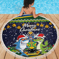 Funny Crocodile and Shark Solomon Islands Christmas Beach Blanket with National Seal Melanesian Pattern LT03 - Polynesian Pride
