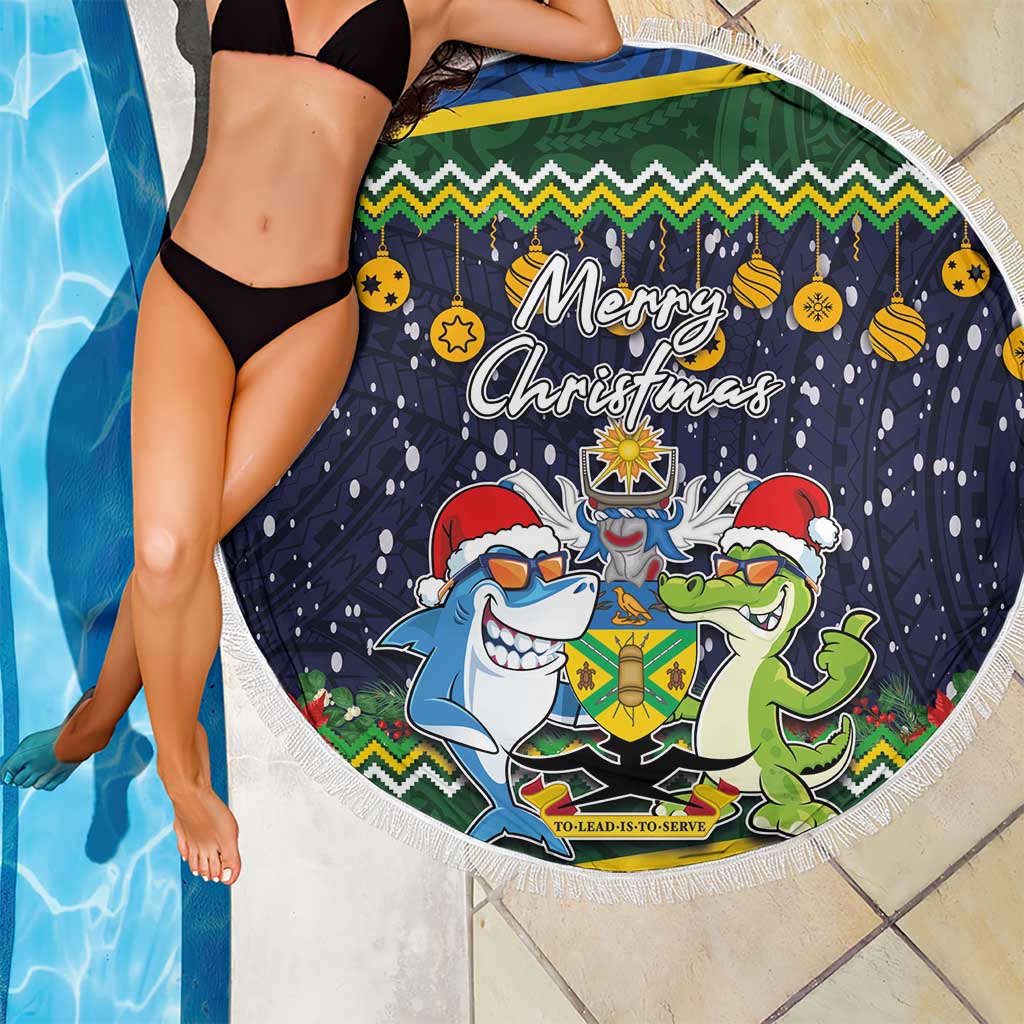 Funny Crocodile and Shark Solomon Islands Christmas Beach Blanket with National Seal Melanesian Pattern LT03 - Polynesian Pride