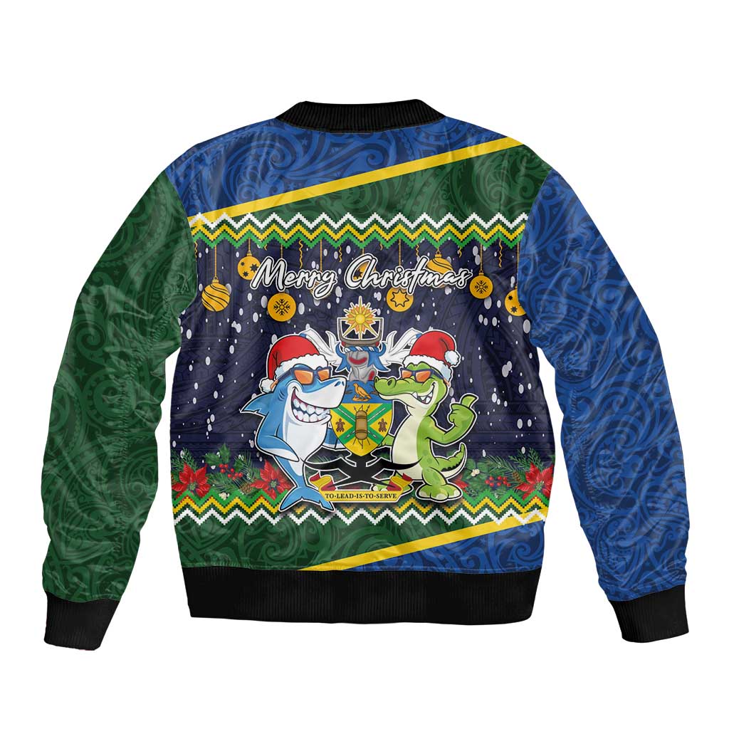 Funny Crocodile and Shark Solomon Islands Christmas Bomber Jacket with National Seal Melanesian Pattern