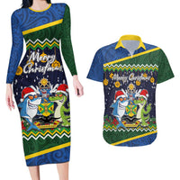 Funny Crocodile and Shark Solomon Islands Christmas Couples Matching Long Sleeve Bodycon Dress and Hawaiian Shirt with National Seal Melanesian Pattern LT03 Blue - Polynesian Pride
