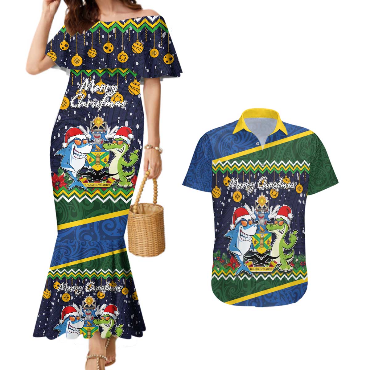 Funny Crocodile and Shark Solomon Islands Christmas Couples Matching Mermaid Dress and Hawaiian Shirt with National Seal Melanesian Pattern LT03 Blue - Polynesian Pride