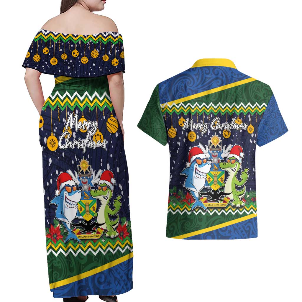 Funny Crocodile and Shark Solomon Islands Christmas Couples Matching Off Shoulder Maxi Dress and Hawaiian Shirt with National Seal Melanesian Pattern