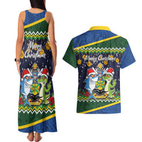 Funny Crocodile and Shark Solomon Islands Christmas Couples Matching Tank Maxi Dress and Hawaiian Shirt with National Seal Melanesian Pattern LT03 - Polynesian Pride