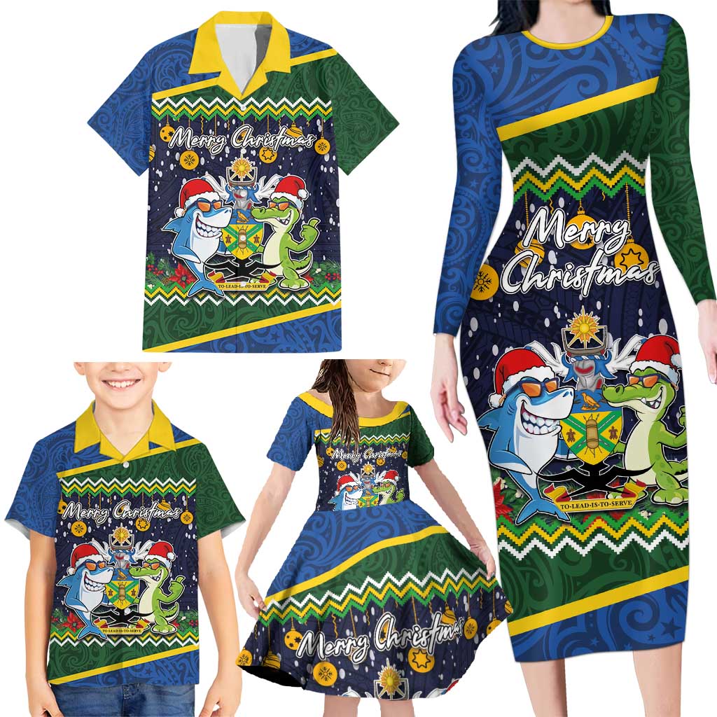 Funny Crocodile and Shark Solomon Islands Christmas Family Matching Long Sleeve Bodycon Dress and Hawaiian Shirt with National Seal Melanesian Pattern LT03 - Polynesian Pride