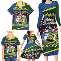 Funny Crocodile and Shark Solomon Islands Christmas Family Matching Long Sleeve Bodycon Dress and Hawaiian Shirt with National Seal Melanesian Pattern LT03 - Polynesian Pride