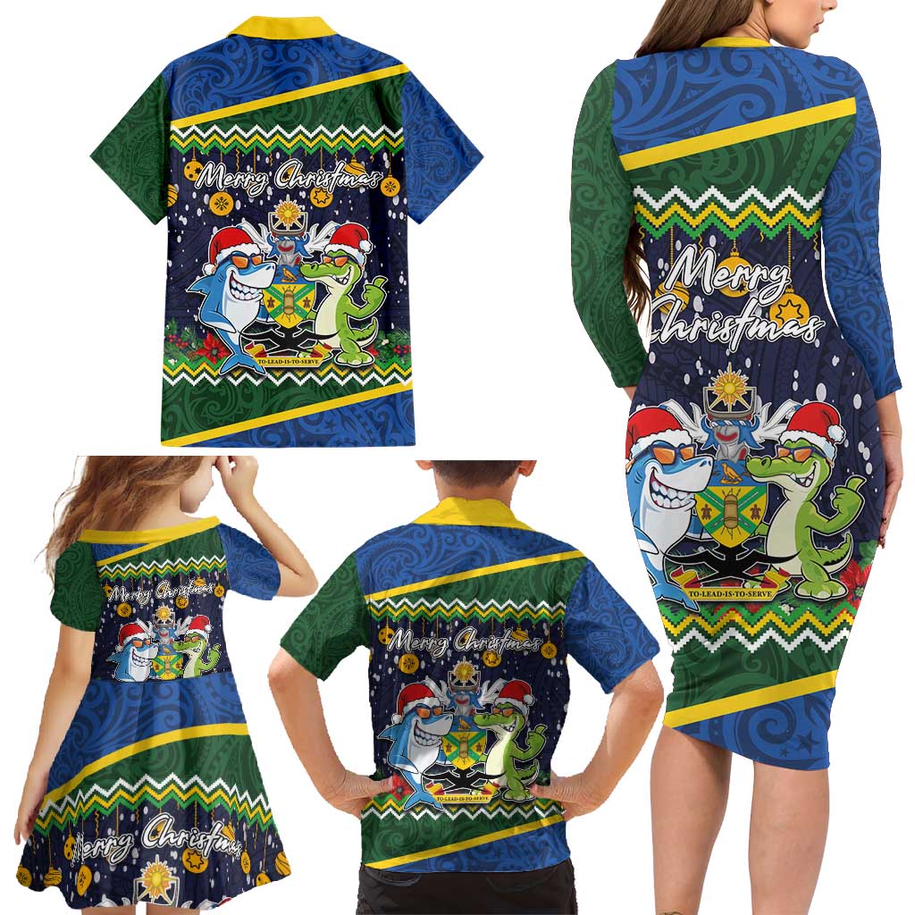 Funny Crocodile and Shark Solomon Islands Christmas Family Matching Long Sleeve Bodycon Dress and Hawaiian Shirt with National Seal Melanesian Pattern LT03 - Polynesian Pride