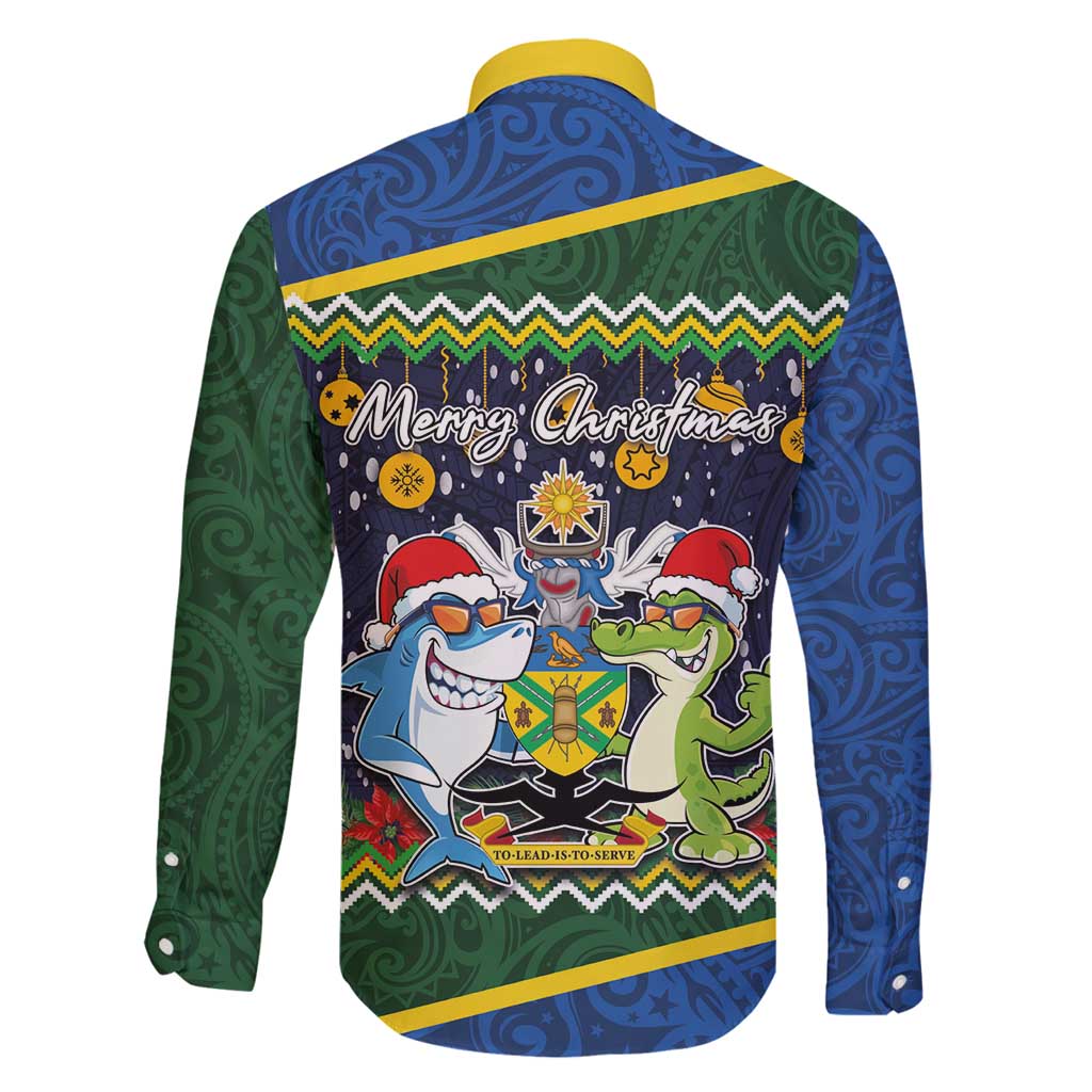 Funny Crocodile and Shark Solomon Islands Christmas Family Matching Long Sleeve Bodycon Dress and Hawaiian Shirt with National Seal Melanesian Pattern LT03 - Polynesian Pride