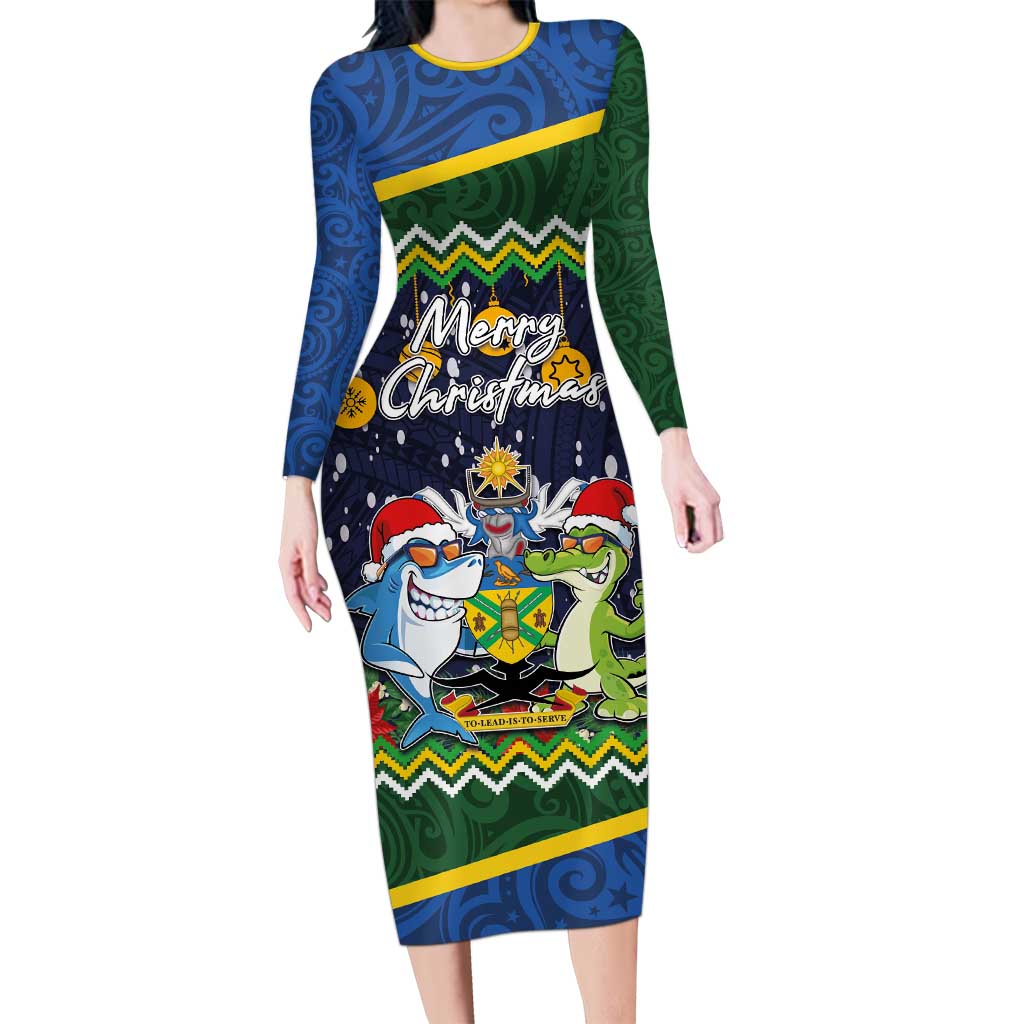 Funny Crocodile and Shark Solomon Islands Christmas Family Matching Long Sleeve Bodycon Dress and Hawaiian Shirt with National Seal Melanesian Pattern LT03 Mom's Dress Blue - Polynesian Pride