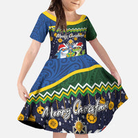 Funny Crocodile and Shark Solomon Islands Christmas Family Matching Mermaid Dress and Hawaiian Shirt with National Seal Melanesian Pattern LT03 Daughter's Dress Blue - Polynesian Pride