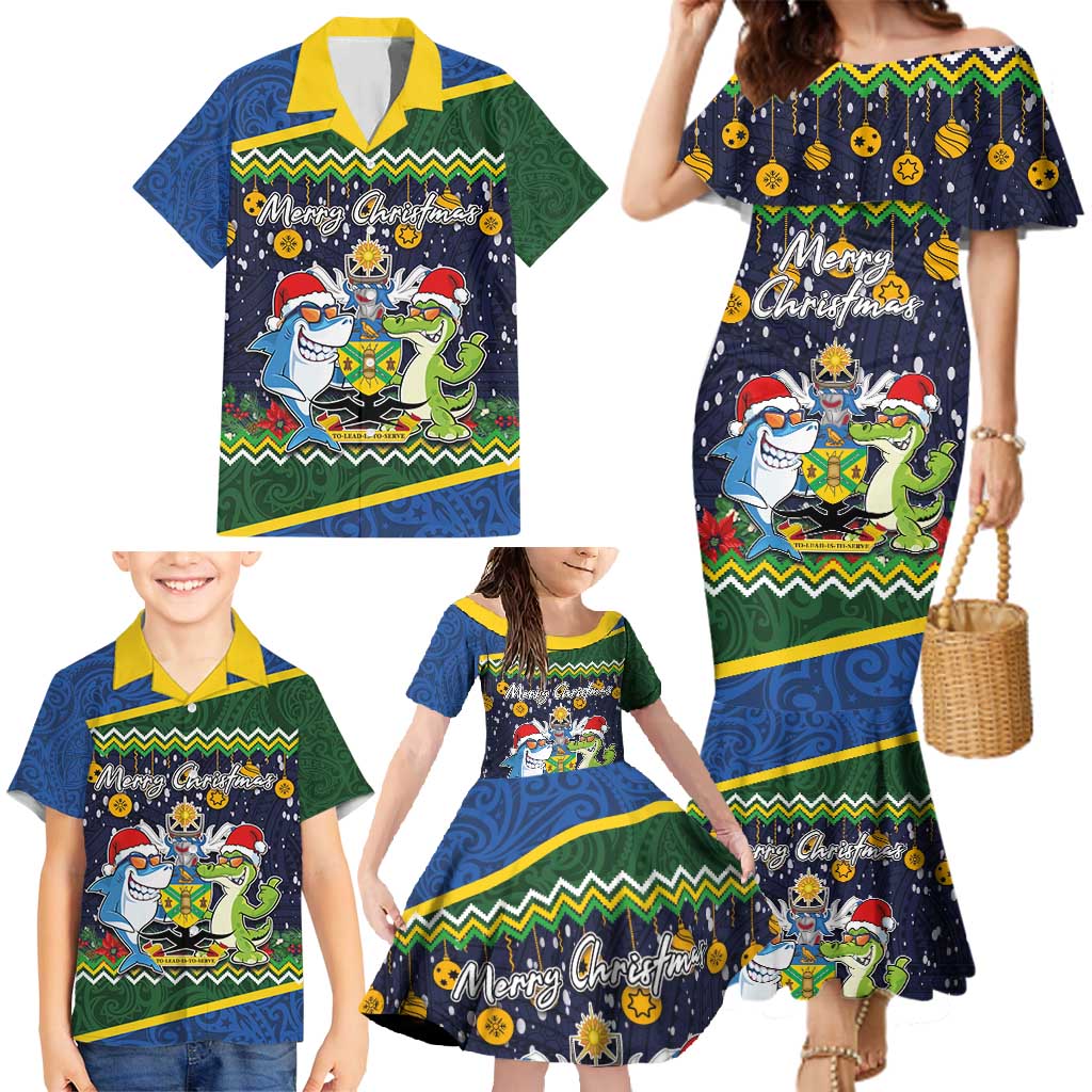 Funny Crocodile and Shark Solomon Islands Christmas Family Matching Mermaid Dress and Hawaiian Shirt with National Seal Melanesian Pattern LT03 - Polynesian Pride