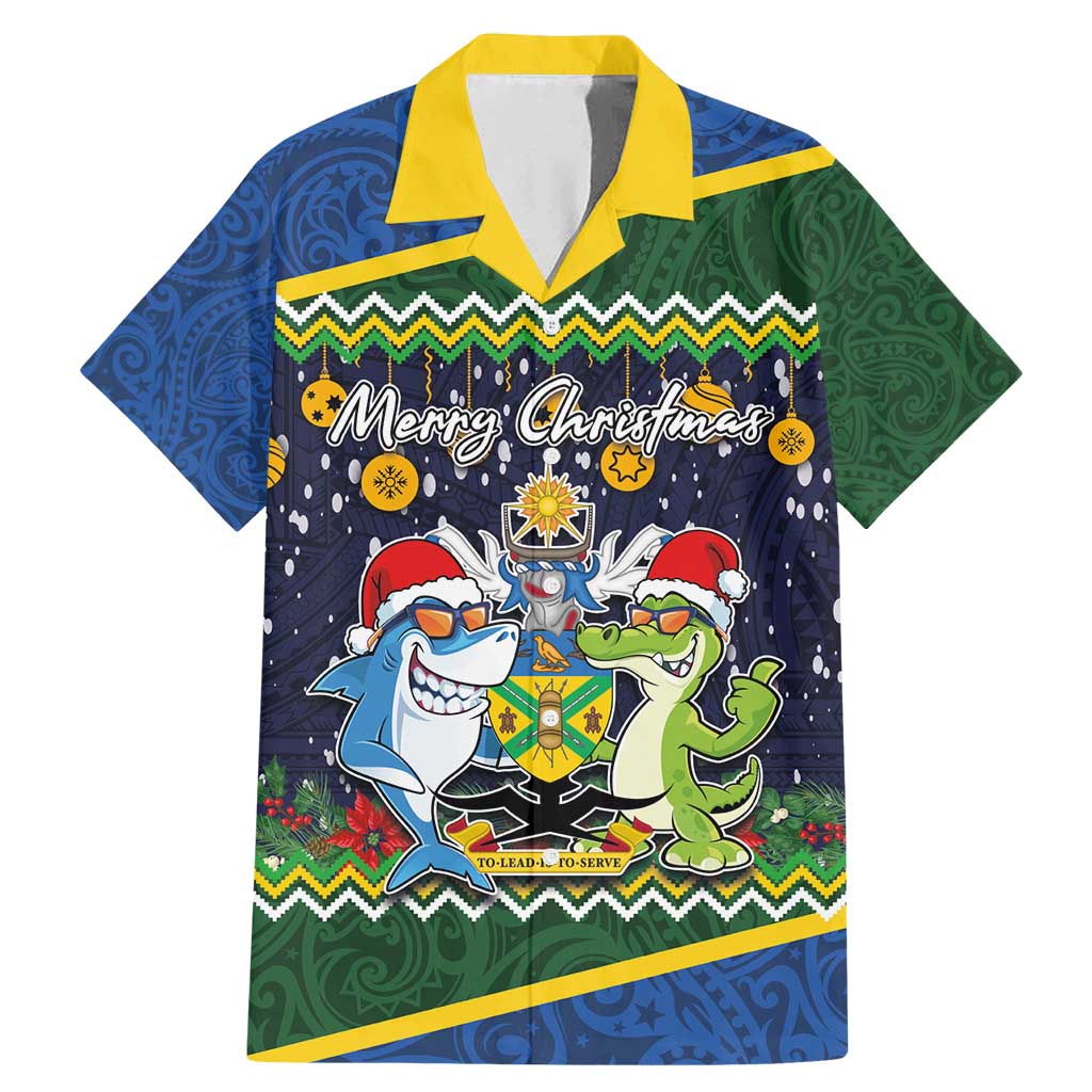Funny Crocodile and Shark Solomon Islands Christmas Family Matching Mermaid Dress and Hawaiian Shirt with National Seal Melanesian Pattern LT03 Dad's Shirt - Short Sleeve Blue - Polynesian Pride