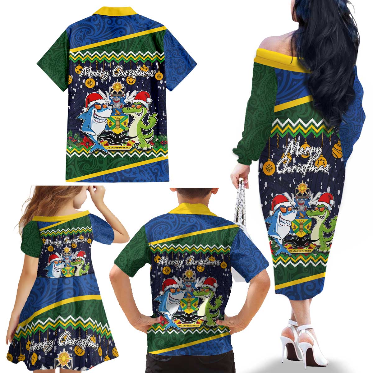 Funny Crocodile and Shark Solomon Islands Christmas Family Matching Off The Shoulder Long Sleeve Dress and Hawaiian Shirt with National Seal Melanesian Pattern LT03 - Polynesian Pride
