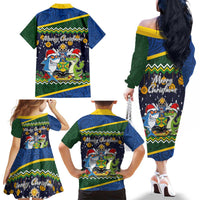 Funny Crocodile and Shark Solomon Islands Christmas Family Matching Off The Shoulder Long Sleeve Dress and Hawaiian Shirt with National Seal Melanesian Pattern LT03 - Polynesian Pride
