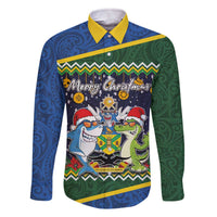 Funny Crocodile and Shark Solomon Islands Christmas Family Matching Off The Shoulder Long Sleeve Dress and Hawaiian Shirt with National Seal Melanesian Pattern LT03 Dad's Shirt - Long Sleeve Blue - Polynesian Pride