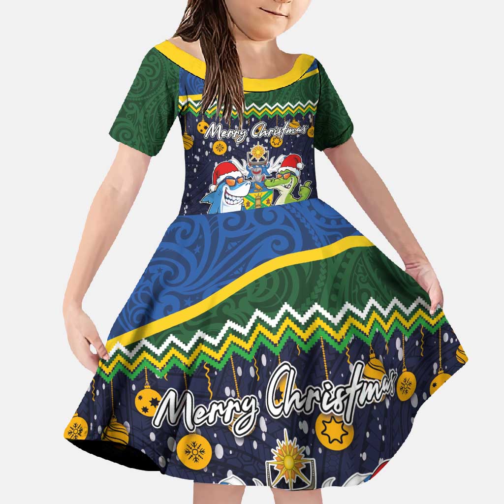Funny Crocodile and Shark Solomon Islands Christmas Family Matching Off Shoulder Maxi Dress and Hawaiian Shirt with National Seal Melanesian Pattern LT03 Daughter's Dress Blue - Polynesian Pride