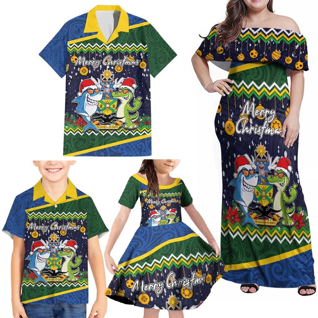 Funny Crocodile and Shark Solomon Islands Christmas Family Matching Off Shoulder Maxi Dress and Hawaiian Shirt with National Seal Melanesian Pattern LT03 - Polynesian Pride