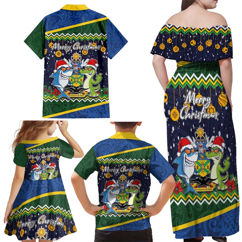 Funny Crocodile and Shark Solomon Islands Christmas Family Matching Off Shoulder Maxi Dress and Hawaiian Shirt with National Seal Melanesian Pattern LT03 - Polynesian Pride