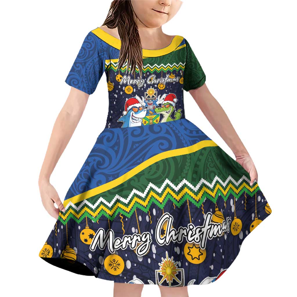 Funny Crocodile and Shark Solomon Islands Christmas Family Matching Off Shoulder Short Dress and Hawaiian Shirt with National Seal Melanesian Pattern LT03 Daughter's Dress Blue - Polynesian Pride