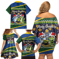 Funny Crocodile and Shark Solomon Islands Christmas Family Matching Off Shoulder Short Dress and Hawaiian Shirt with National Seal Melanesian Pattern LT03 - Polynesian Pride