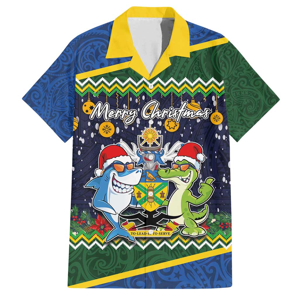 Funny Crocodile and Shark Solomon Islands Christmas Family Matching Off Shoulder Short Dress and Hawaiian Shirt with National Seal Melanesian Pattern LT03 Dad's Shirt - Short Sleeve Blue - Polynesian Pride