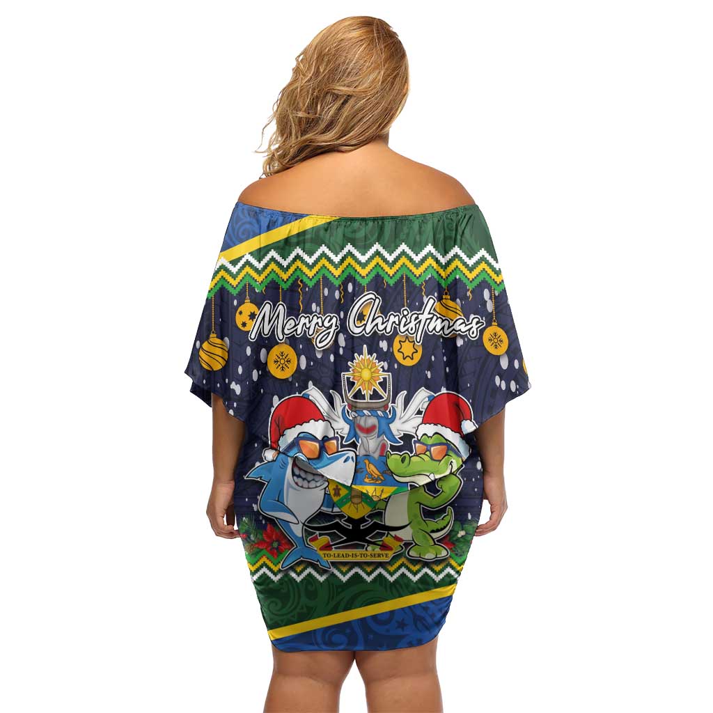 Funny Crocodile and Shark Solomon Islands Christmas Family Matching Off Shoulder Short Dress and Hawaiian Shirt with National Seal Melanesian Pattern LT03 - Polynesian Pride