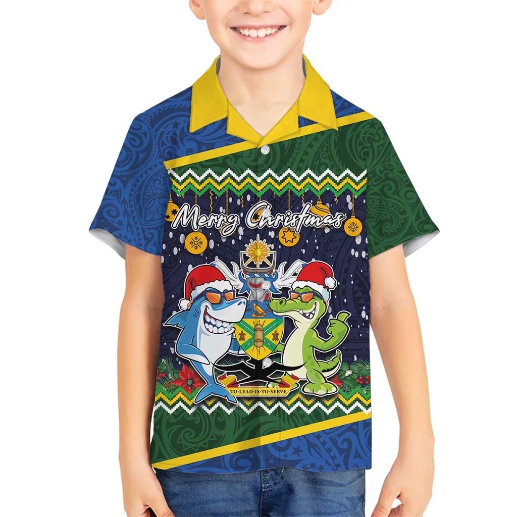 Funny Crocodile and Shark Solomon Islands Christmas Family Matching Off Shoulder Short Dress and Hawaiian Shirt with National Seal Melanesian Pattern LT03 Son's Shirt Blue - Polynesian Pride