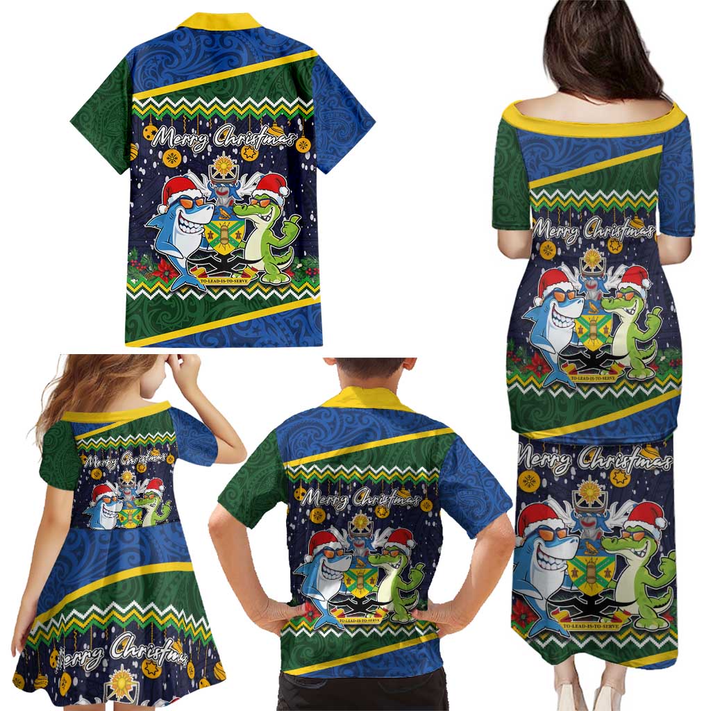 Funny Crocodile and Shark Solomon Islands Christmas Family Matching Puletasi and Hawaiian Shirt with National Seal Melanesian Pattern LT03 - Polynesian Pride