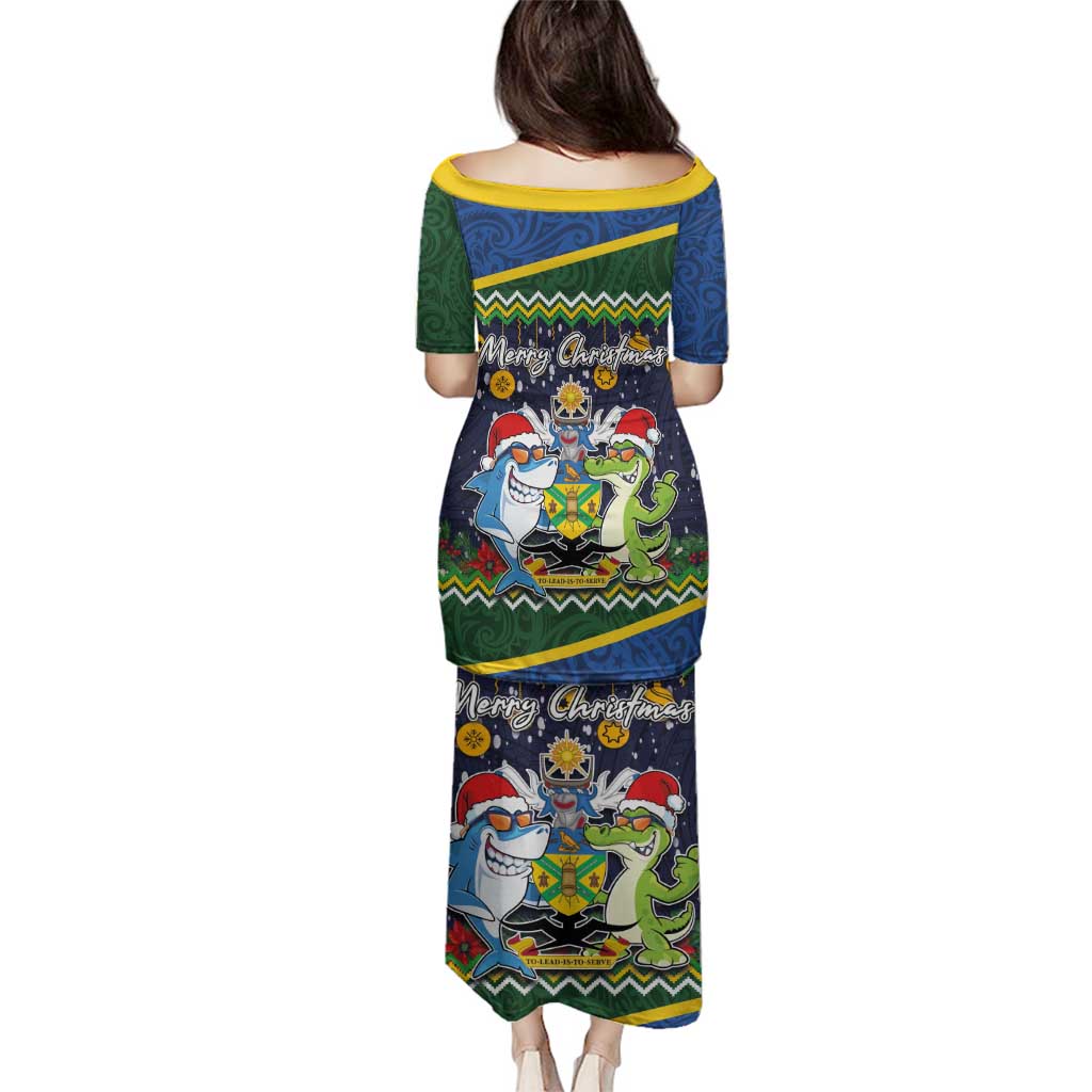 Funny Crocodile and Shark Solomon Islands Christmas Family Matching Puletasi and Hawaiian Shirt with National Seal Melanesian Pattern LT03 - Polynesian Pride