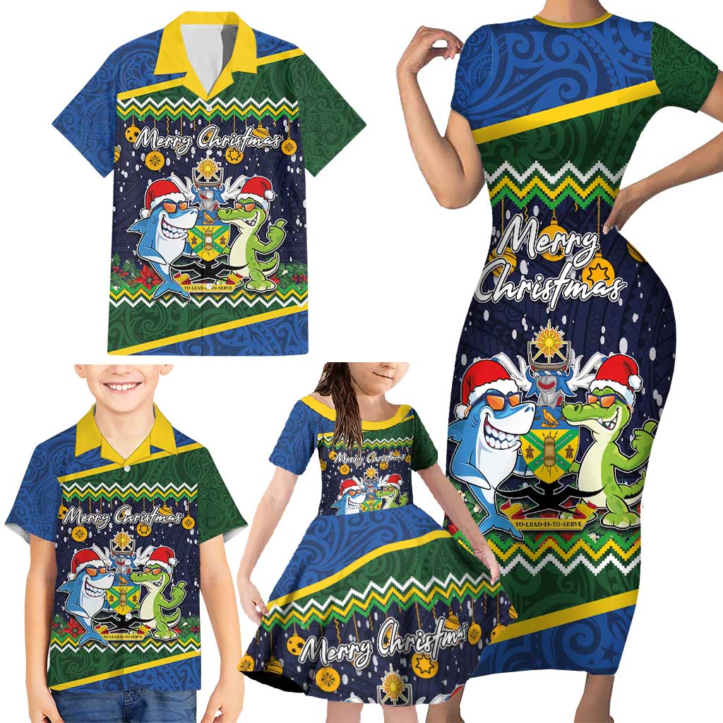 Funny Crocodile and Shark Solomon Islands Christmas Family Matching Short Sleeve Bodycon Dress and Hawaiian Shirt with National Seal Melanesian Pattern LT03 - Polynesian Pride