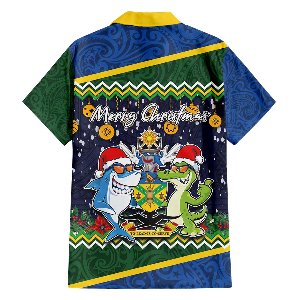 Funny Crocodile and Shark Solomon Islands Christmas Family Matching Short Sleeve Bodycon Dress and Hawaiian Shirt with National Seal Melanesian Pattern LT03 - Polynesian Pride
