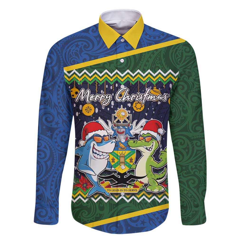 Funny Crocodile and Shark Solomon Islands Christmas Family Matching Short Sleeve Bodycon Dress and Hawaiian Shirt with National Seal Melanesian Pattern LT03 Dad's Shirt - Long Sleeve Blue - Polynesian Pride
