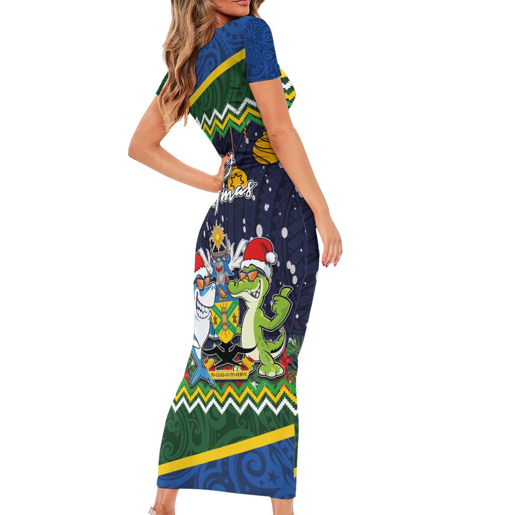 Funny Crocodile and Shark Solomon Islands Christmas Family Matching Short Sleeve Bodycon Dress and Hawaiian Shirt with National Seal Melanesian Pattern LT03 - Polynesian Pride