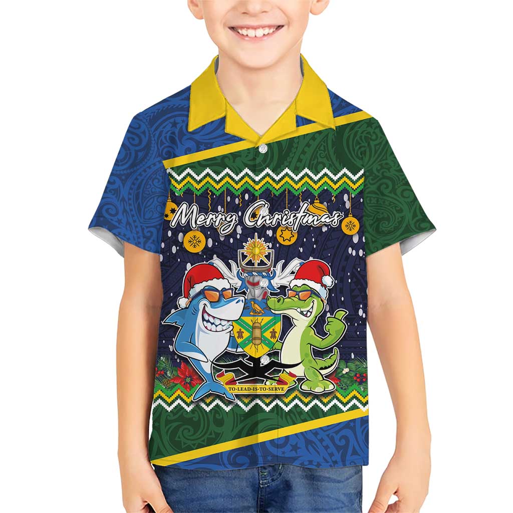 Funny Crocodile and Shark Solomon Islands Christmas Family Matching Short Sleeve Bodycon Dress and Hawaiian Shirt with National Seal Melanesian Pattern LT03 Son's Shirt Blue - Polynesian Pride