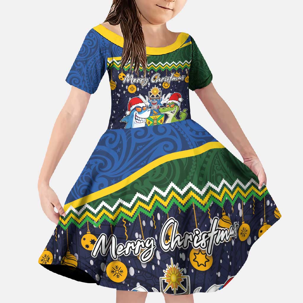 Funny Crocodile and Shark Solomon Islands Christmas Family Matching Summer Maxi Dress and Hawaiian Shirt with National Seal Melanesian Pattern LT03 Daughter's Dress Blue - Polynesian Pride