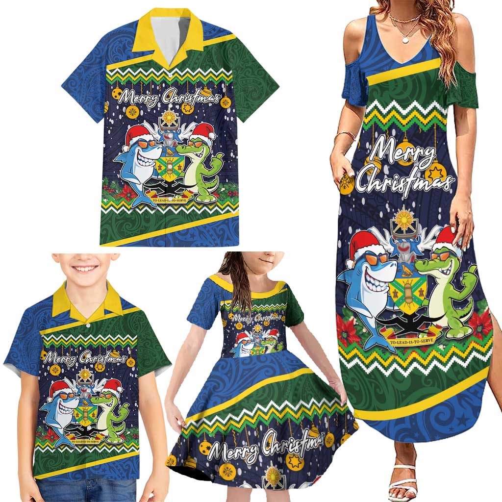 Funny Crocodile and Shark Solomon Islands Christmas Family Matching Summer Maxi Dress and Hawaiian Shirt with National Seal Melanesian Pattern LT03 - Polynesian Pride