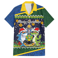 Funny Crocodile and Shark Solomon Islands Christmas Family Matching Summer Maxi Dress and Hawaiian Shirt with National Seal Melanesian Pattern LT03 Dad's Shirt - Short Sleeve Blue - Polynesian Pride
