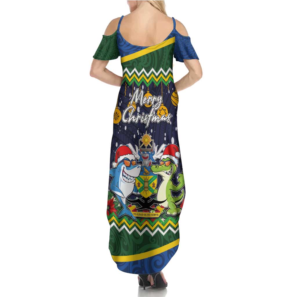 Funny Crocodile and Shark Solomon Islands Christmas Family Matching Summer Maxi Dress and Hawaiian Shirt with National Seal Melanesian Pattern LT03 - Polynesian Pride
